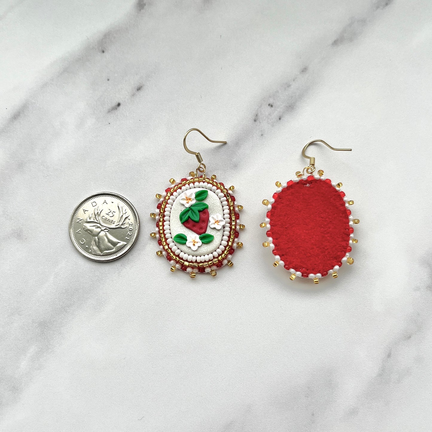 Strawberry Beaded Polymer Clay Earrings Small, White
