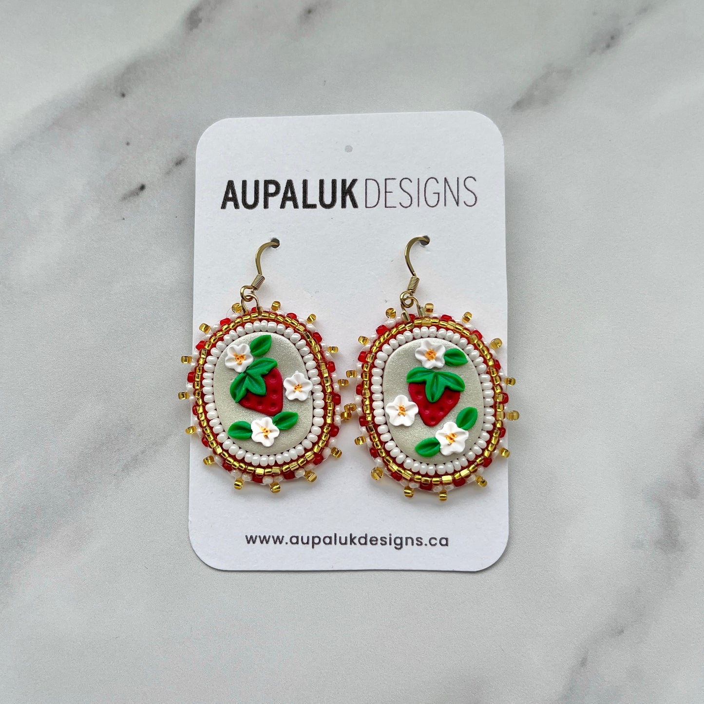Strawberry Beaded Polymer Clay Earrings Small, White