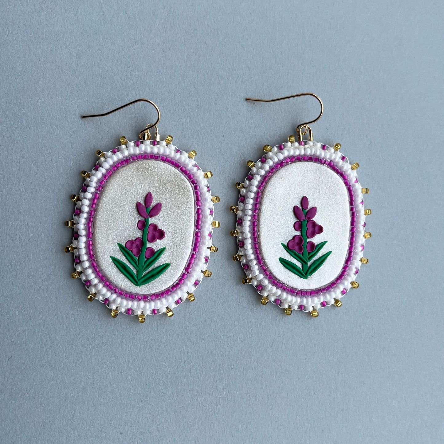Fireweed Beaded Polymer Clay Earrings Large, Pearl