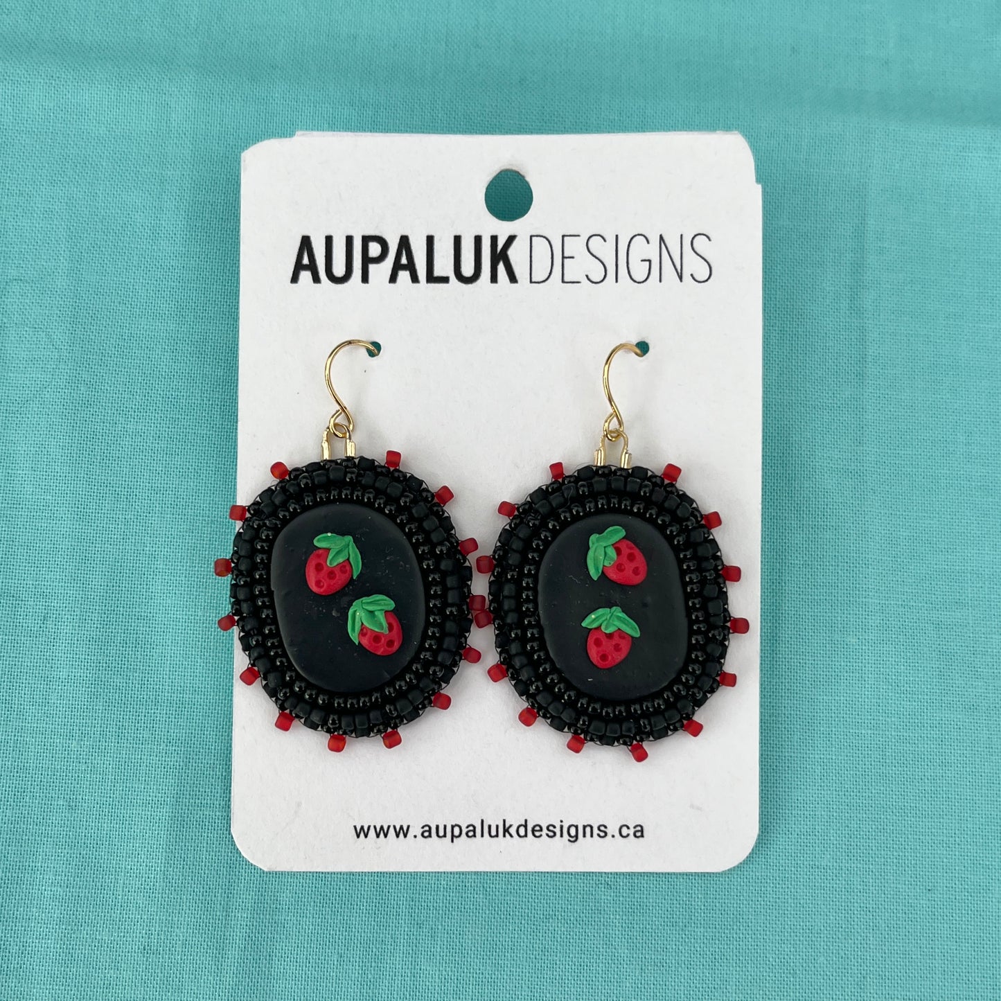 Strawberry Beaded Polymer Clay Earrings Small, Black