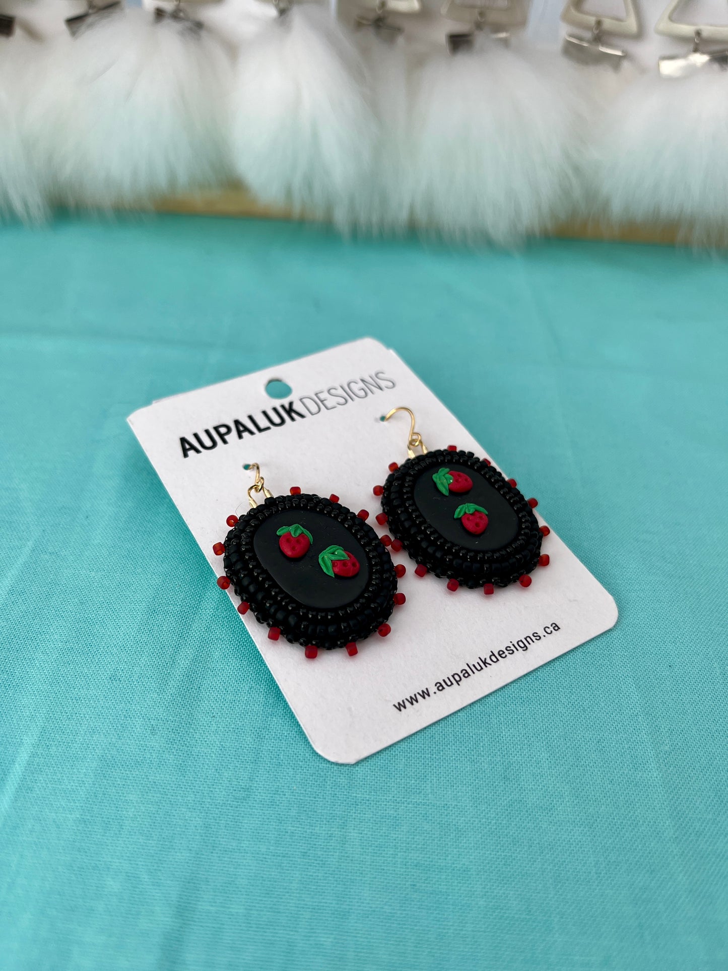 Strawberry Beaded Polymer Clay Earrings Small, Black