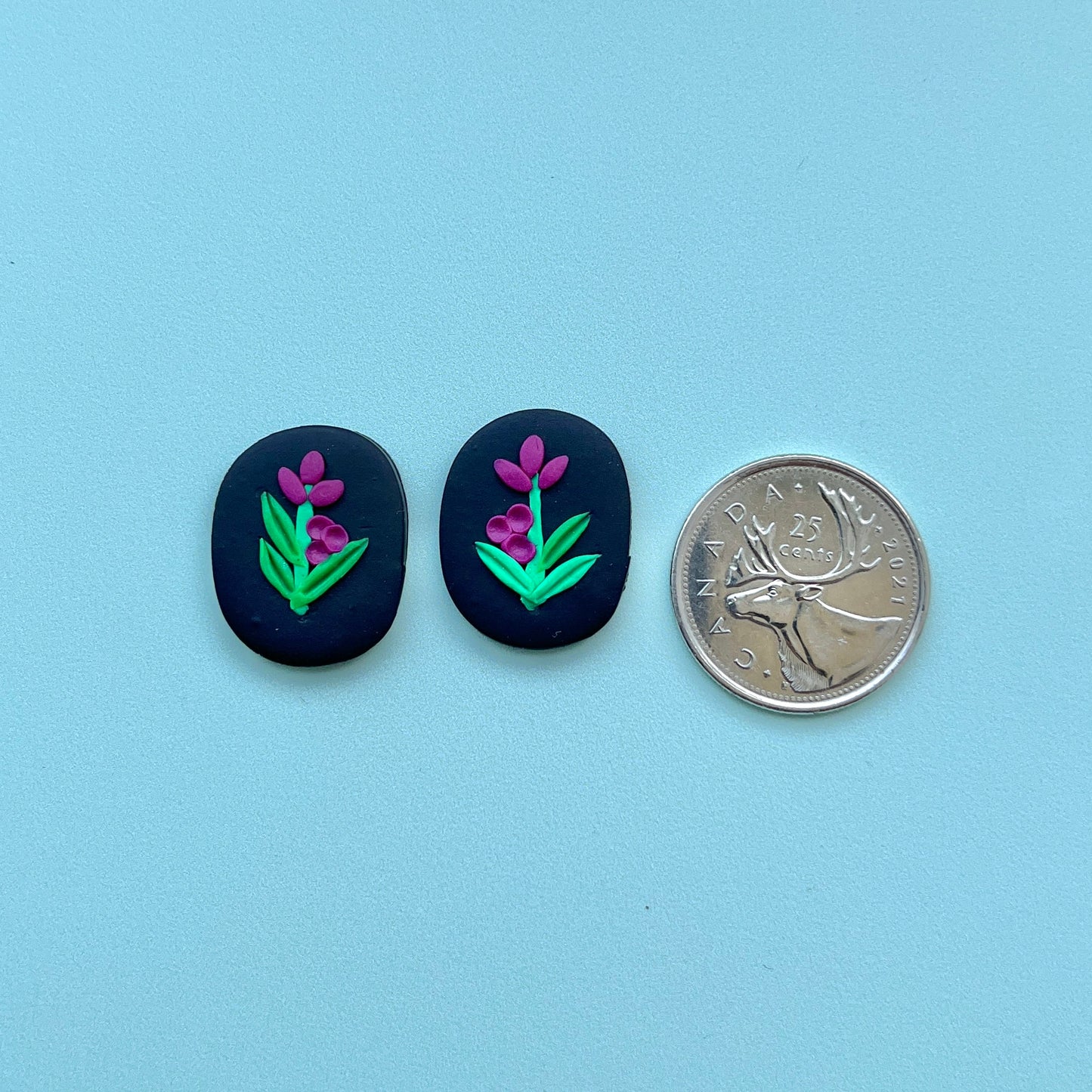 Fireweed on Black Polymer Clay Handmade Cabochon, Small