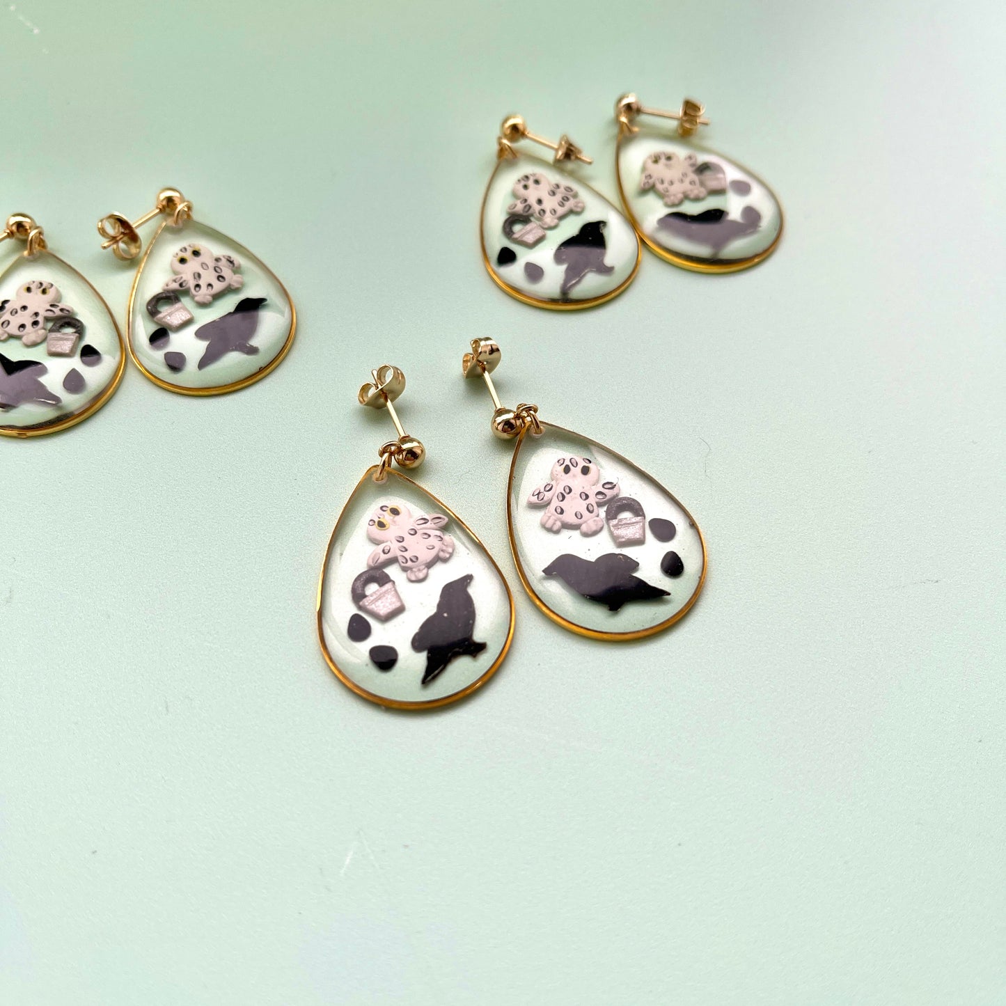 Owl and Raven Resin and Polymer Clay Earrings, Teardrop