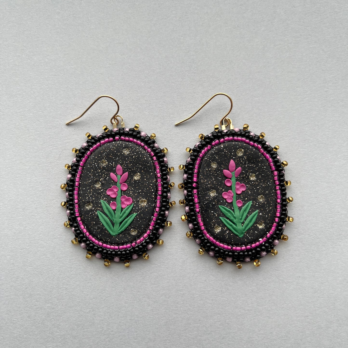 Fireweed Beaded Polymer Clay Earrings Large, Black