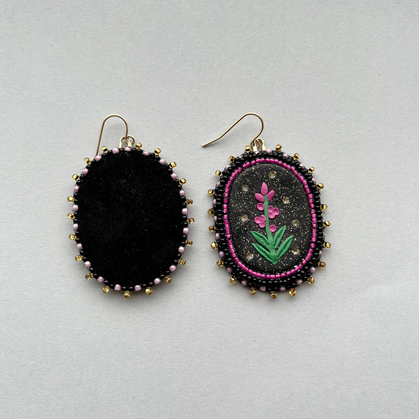 Fireweed Beaded Polymer Clay Earrings Large, Black