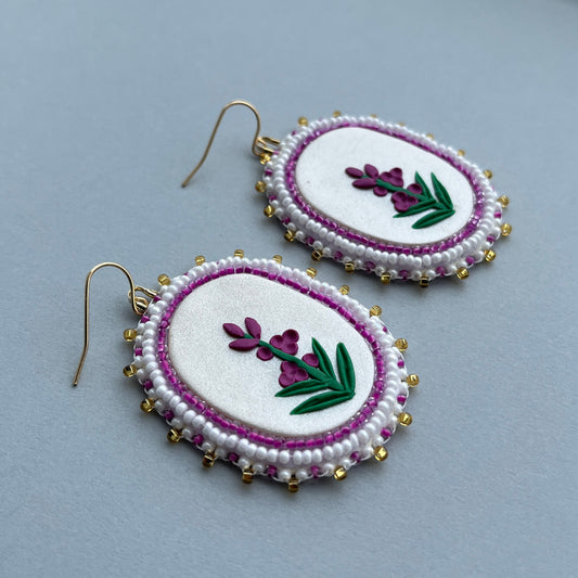 Fireweed Beaded Polymer Clay Earrings Large, Pearl