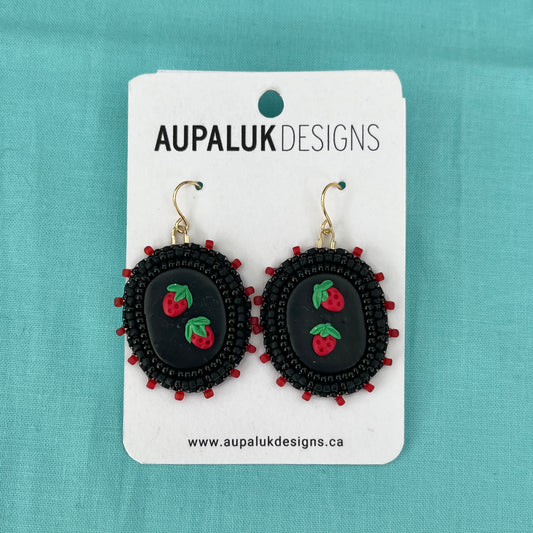 Strawberry Beaded Polymer Clay Earrings Small, Black