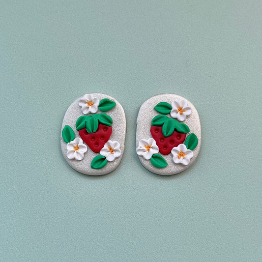 Strawberry on Pearl Polymer Clay Handmade Cabochon, Small