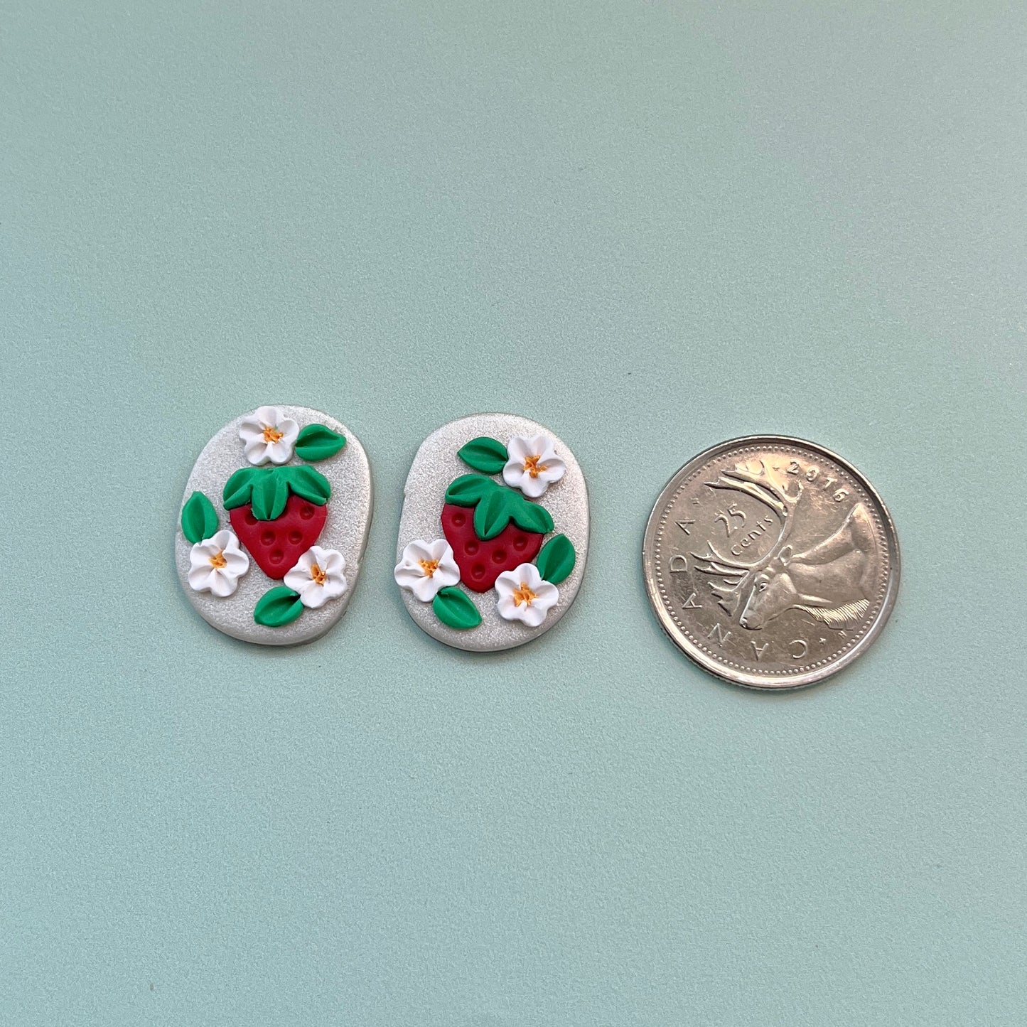 Strawberry on Pearl Polymer Clay Handmade Cabochon, Small