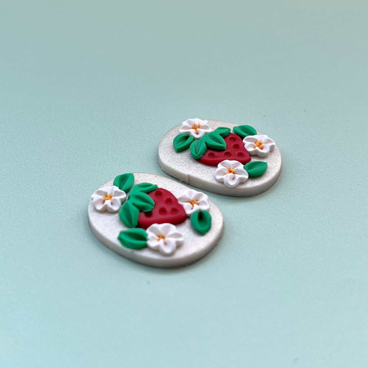 Strawberry on Pearl Polymer Clay Handmade Cabochon, Small