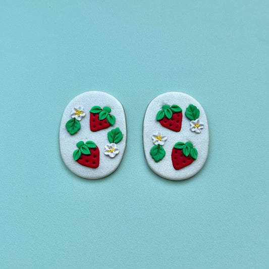 Strawberry on Pearl Polymer Clay Handmade Cabochon, Large