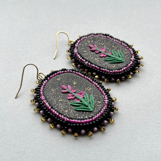 Fireweed Beaded Polymer Clay Earrings Large, Black